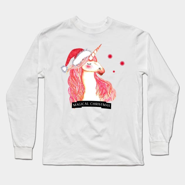 Magical christmas unicorn in watercolor Long Sleeve T-Shirt by LatiendadeAryam